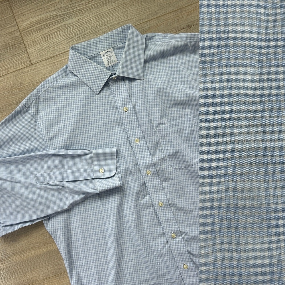 Brooks Brothers 1818 Men 17 35 Regent Fit Blue Check Glen Plaid Button Up